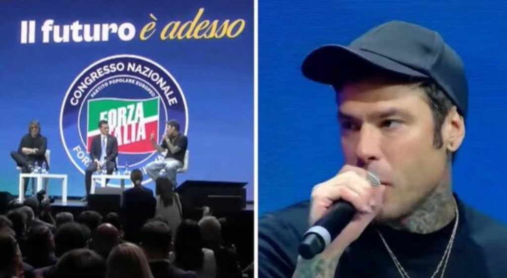 Fedez sul palco del Congresso di Forza Italia Giovani a Roma