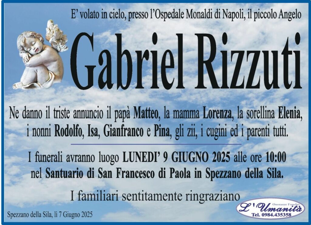 Gabriel Rizziti, addio al piccolo angelo volato in cielo: dolore immenso a Spezzano della Sila