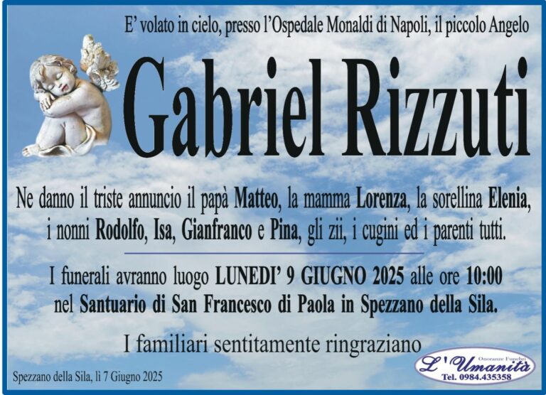 Gabriel Rizziti, addio al piccolo angelo volato in cielo: dolore immenso a Spezzano della Sila