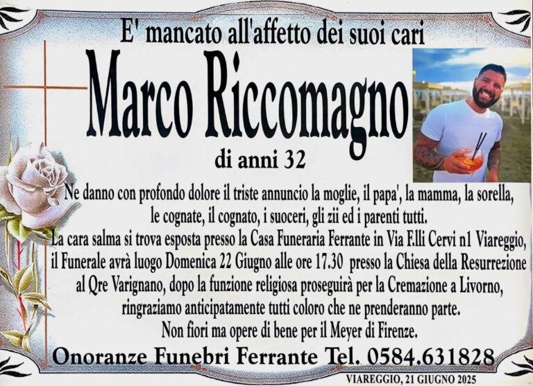 Marco Riccomagno, Viareggio piange la scomparsa del giovane di 32 anni