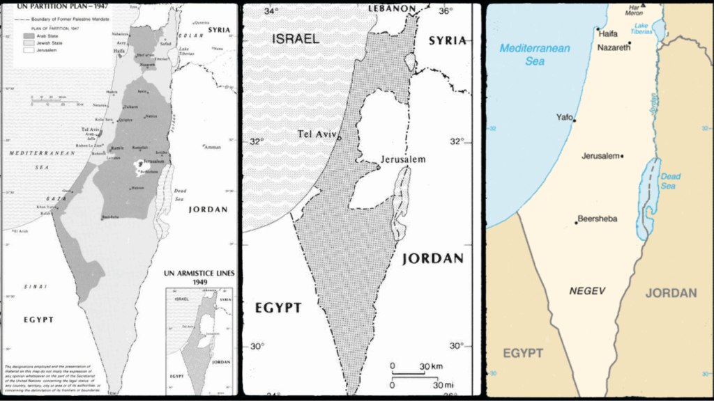 Tre mappe affiancate: piano ONU 1947, linee d’armistizio 1949 e mappa attuale di Israele/Palestina.