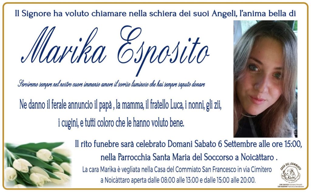 Manifesto funebre Marika Esposito funerali Noicattaro
